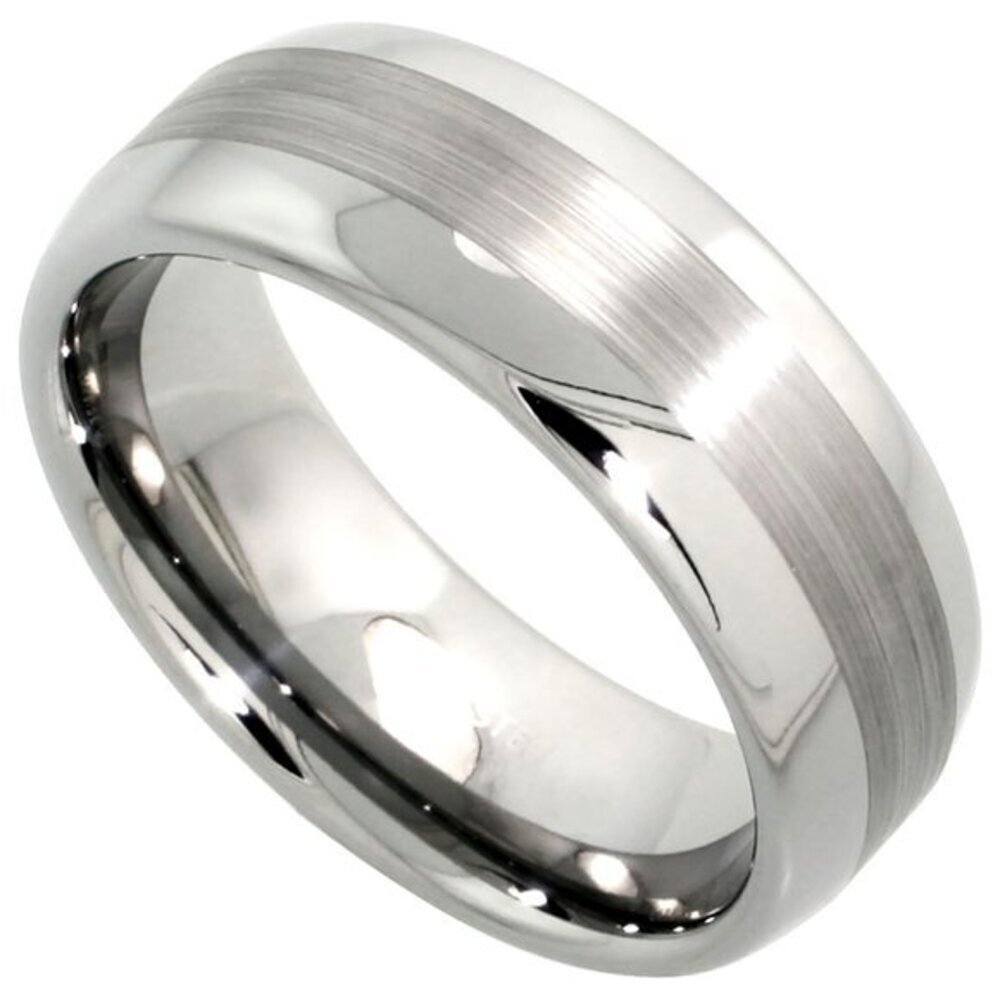 Tungsten Carbide 8 mm Domed Wedding Band Ring Wide Center Stripe Etching - Picture 2 of 2